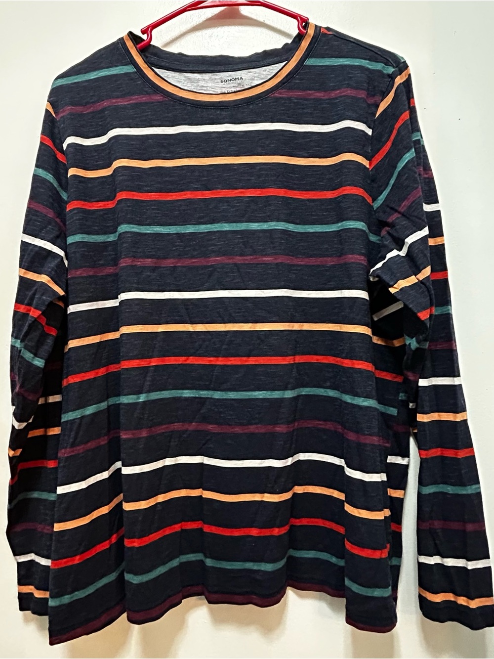 Sonoma Navy Long Sleeve Crewneck with Multicolor Stripes - Picture 1 of 3